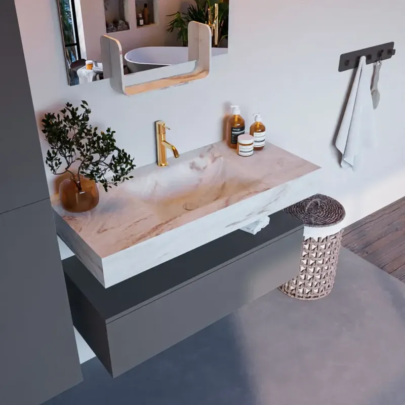 Mondiaz Alan DLux badmeubel 100cm plata 1 lade met wastafel frappe midden 1 kraangat Goedkoop