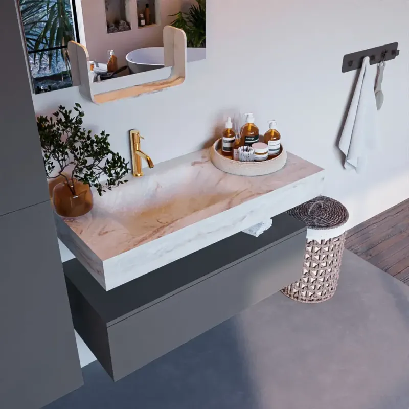 Mondiaz Alan DLux badmeubel 100cm plata 1 lade met wastafel frappe links 1 kraangat Exclusieve Aanbieding