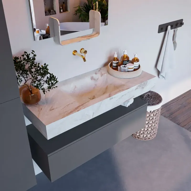 Aanbieding Mondiaz Alan DLux badmeubel 110cm plata 1 lade met wastafel frappe midden zonder kraangat