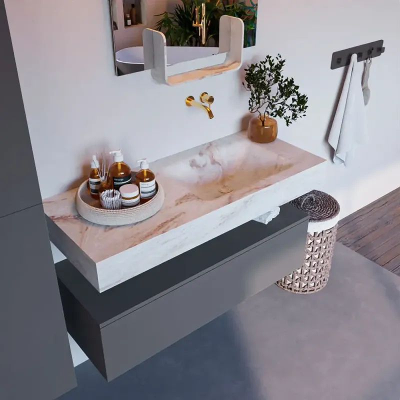 Koopje Mondiaz Alan DLux badmeubel 110cm plata 1 lade met wastafel frappe rechts zonder kraangat