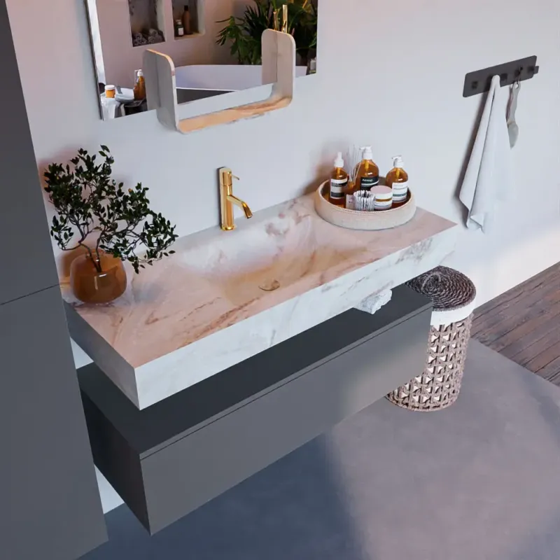 Weekendaanbieding Mondiaz Alan DLux badmeubel 110cm plata 1 lade met wastafel frappe midden 1 kraangat