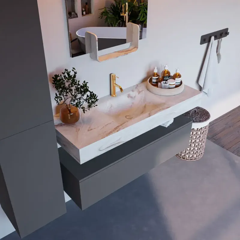 Gratis Retour Mondiaz Alan DLux badmeubel 120cm plata 1 lade met wastafel frappe midden 1 kraangat