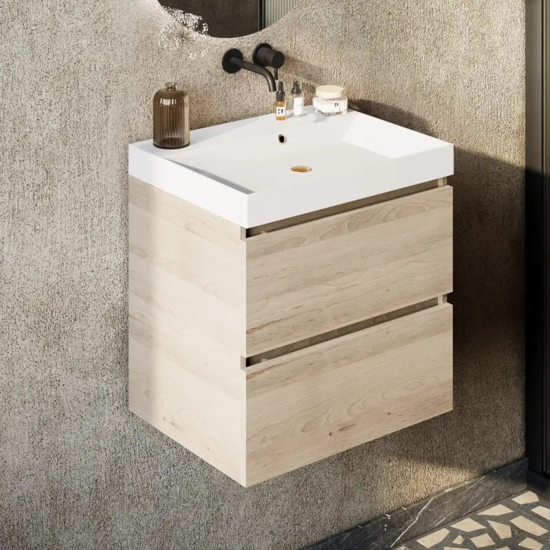 Aanbieding Fontana Kolo wastafelmeubel beach eiken 60cm mat witte wastafel 0 kraangaten