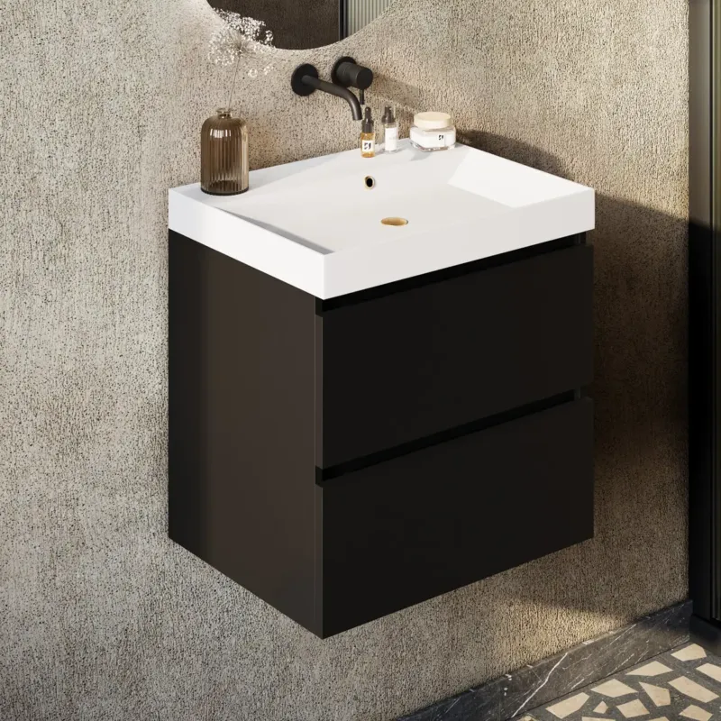 Snelle Levering Fontana Kolo wastafelmeubel mat zwart 60cm glans witte wastafel 0 kraangaten