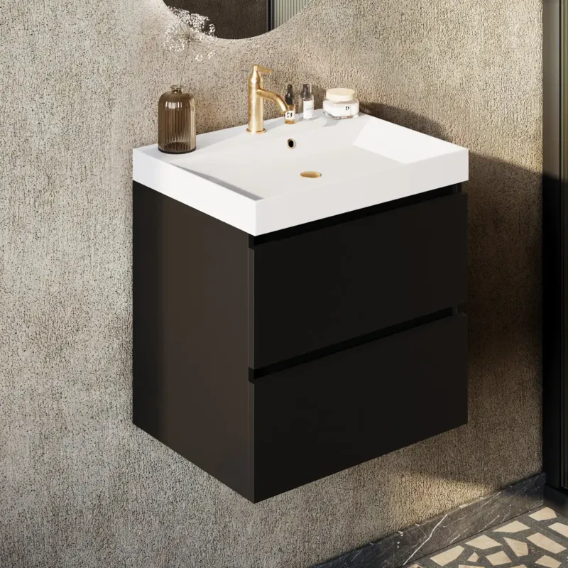 Fontana Kolo wastafelmeubel mat zwart 60cm glans witte wastafel 1 kraangat Op = Op
