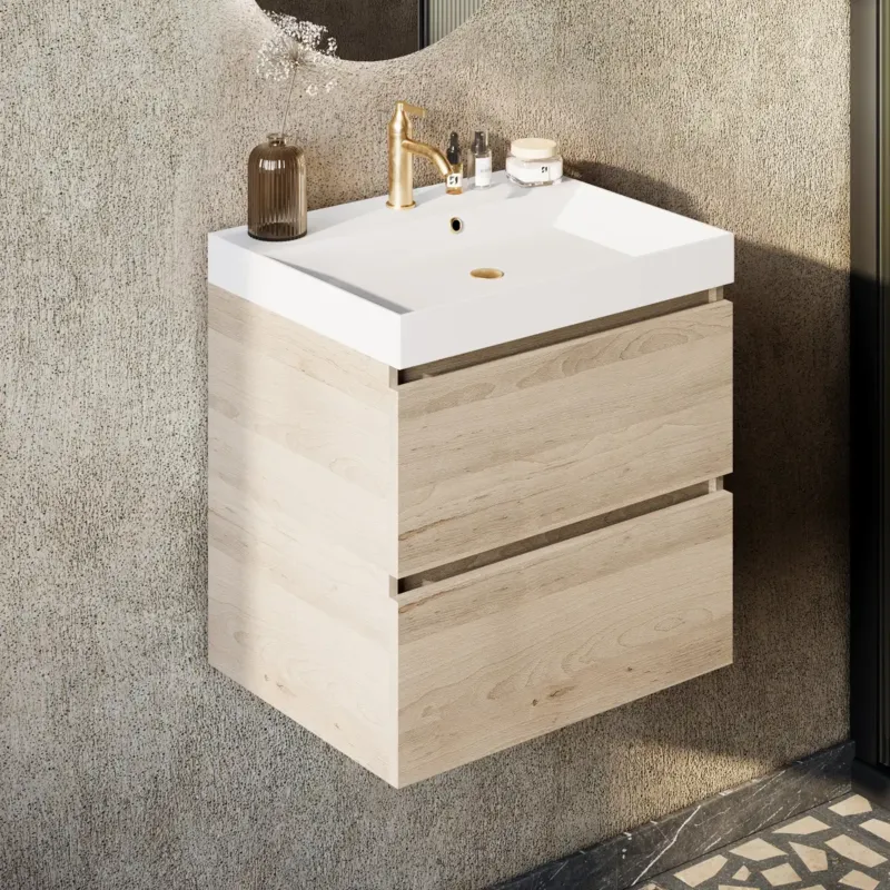 Veilige Betaling Fontana Kolo wastafelmeubel beach eiken 60cm glans witte wastafel 1 kraangat
