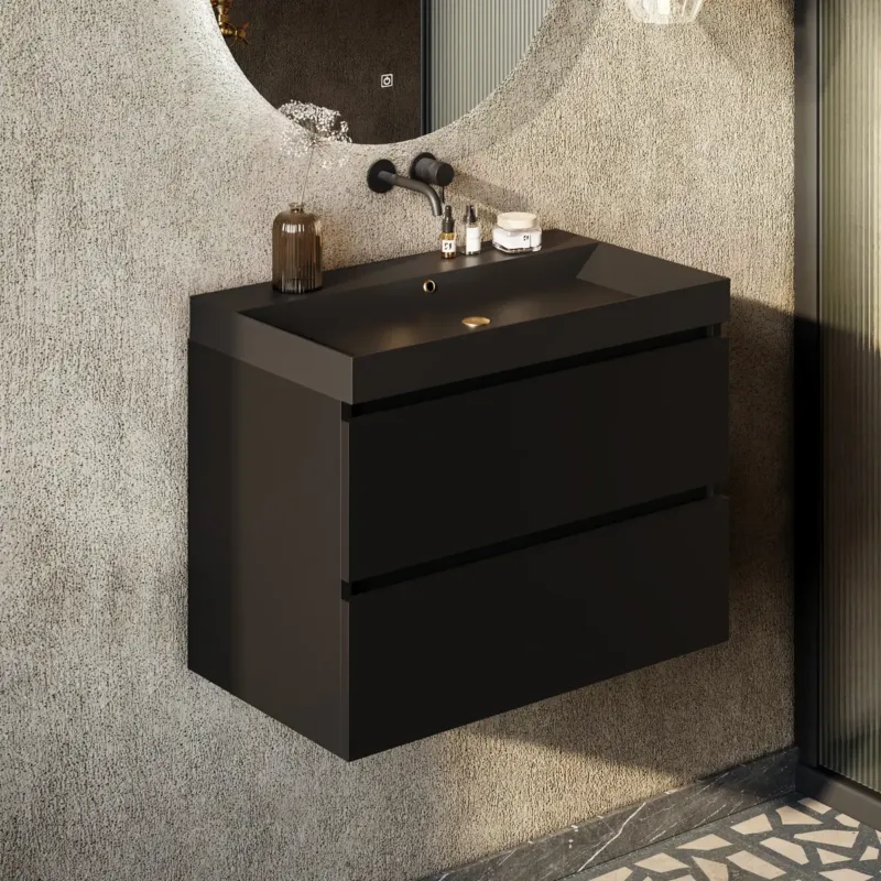 Tijdelijk Beschikbaar Fontana Kolo wastafelmeubel mat zwart 80cm zwarte wastafel 0 kraangaten