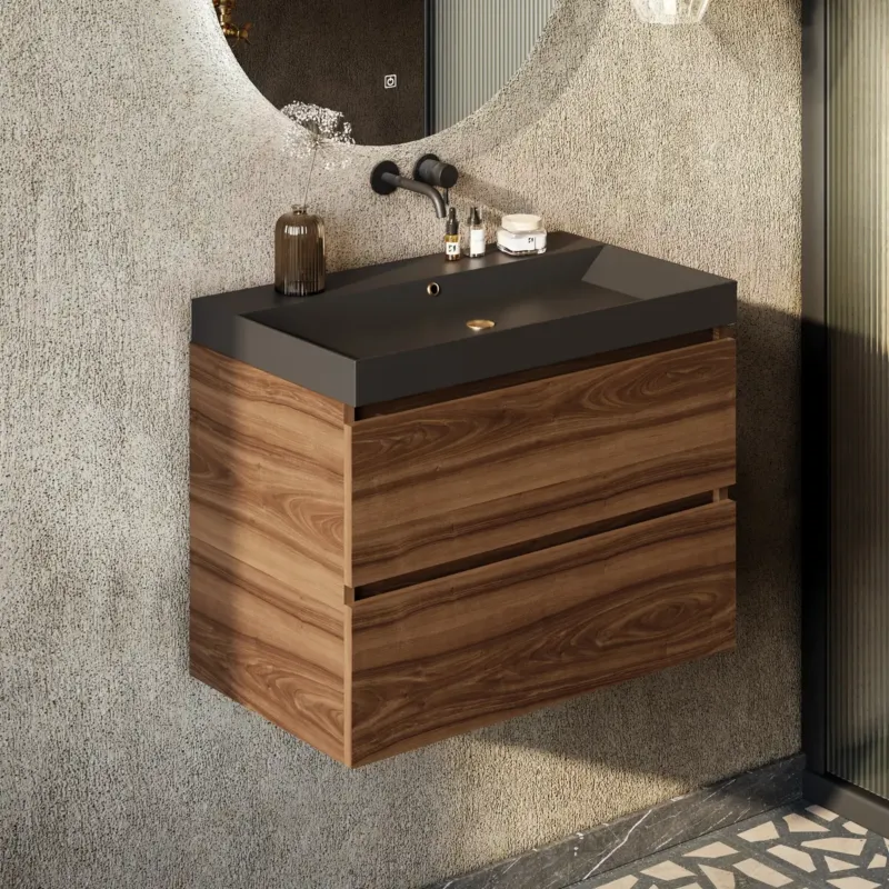 Express Levering Fontana Kolo wastafelmeubel walnoot 80cm zwarte wastafel 0 kraangaten