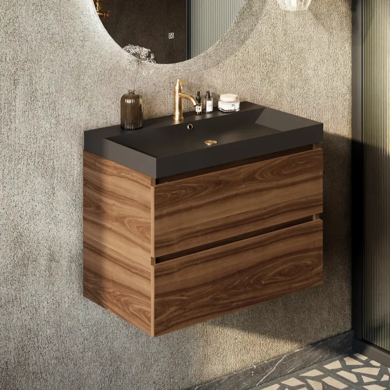 Fontana Kolo wastafelmeubel walnoot 80cm zwarte wastafel 1 kraangat Exclusieve Aanbieding