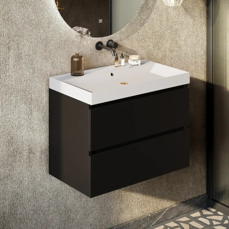 Fontana Kolo wastafelmeubel mat zwart 80cm glans witte wastafel 0 kraangaten Bestseller