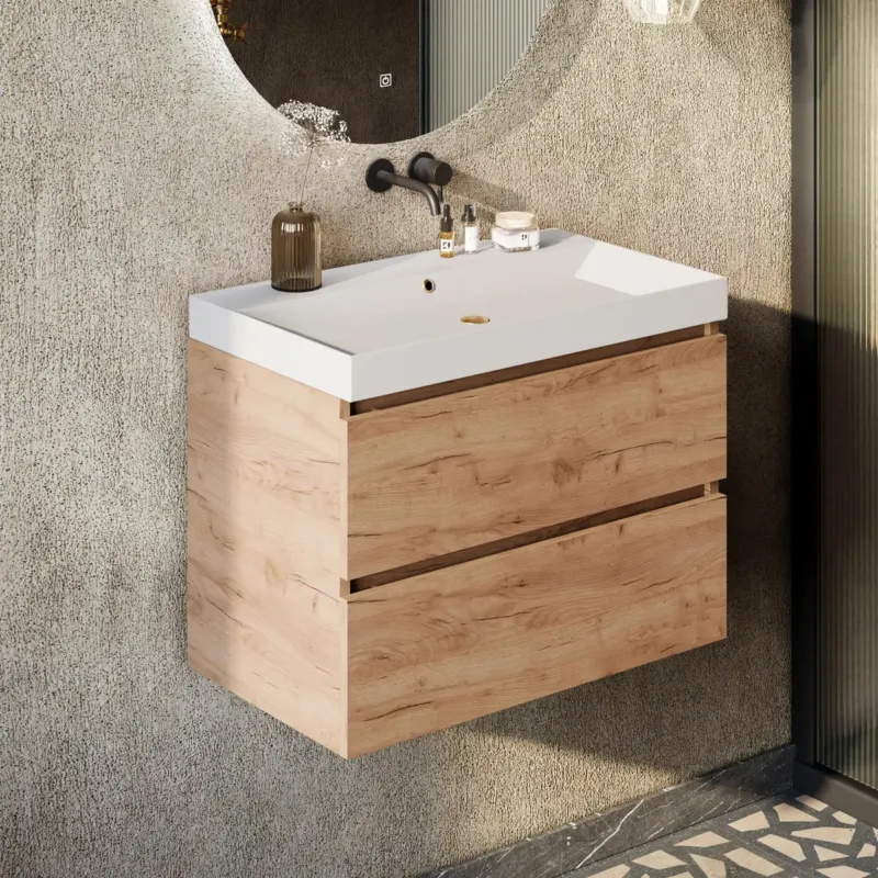 Nieuw Fontana Kolo wastafelmeubel warm eiken 80cm glans witte wastafel 0 kraangaten