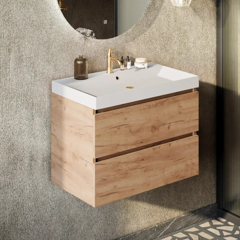 Alleen Vandaag Fontana Kolo wastafelmeubel warm eiken 80cm glans witte wastafel 1 kraangat