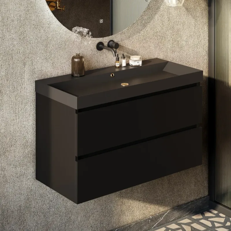 Fontana Kolo wastafelmeubel mat zwart 100cm zwarte wastafel 0 kraangaten Lage Kosten