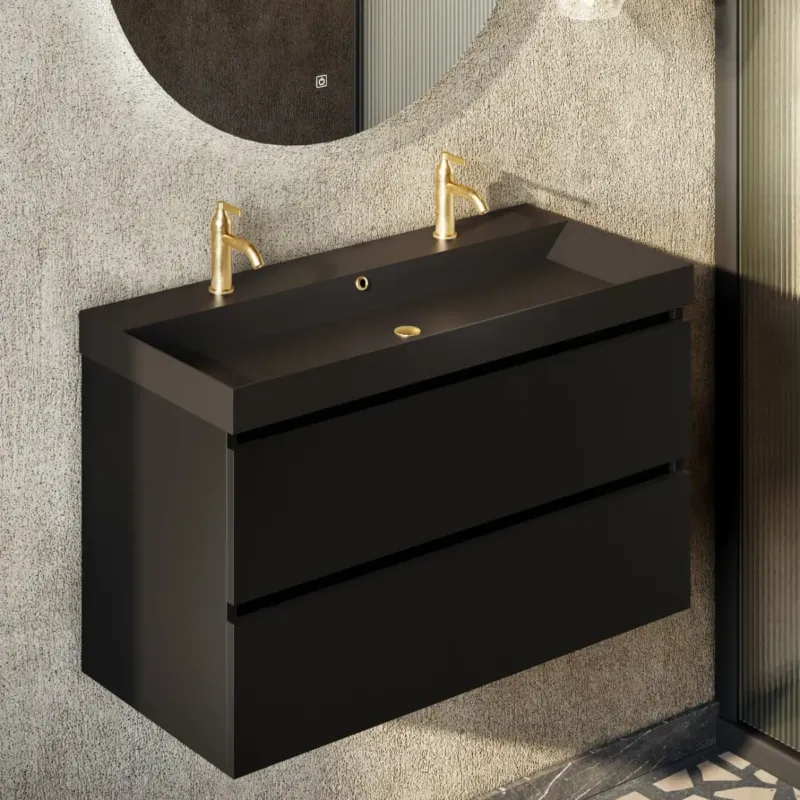 Fontana Kolo wastafelmeubel mat zwart 100cm zwarte wastafel 2 kraangaten Direct Beschikbaar