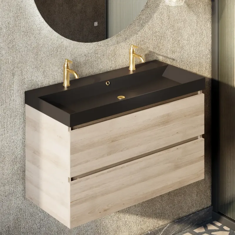 Fontana Kolo wastafelmeubel beach eiken 100cm zwarte wastafel 2 kraangaten Laatste Versie