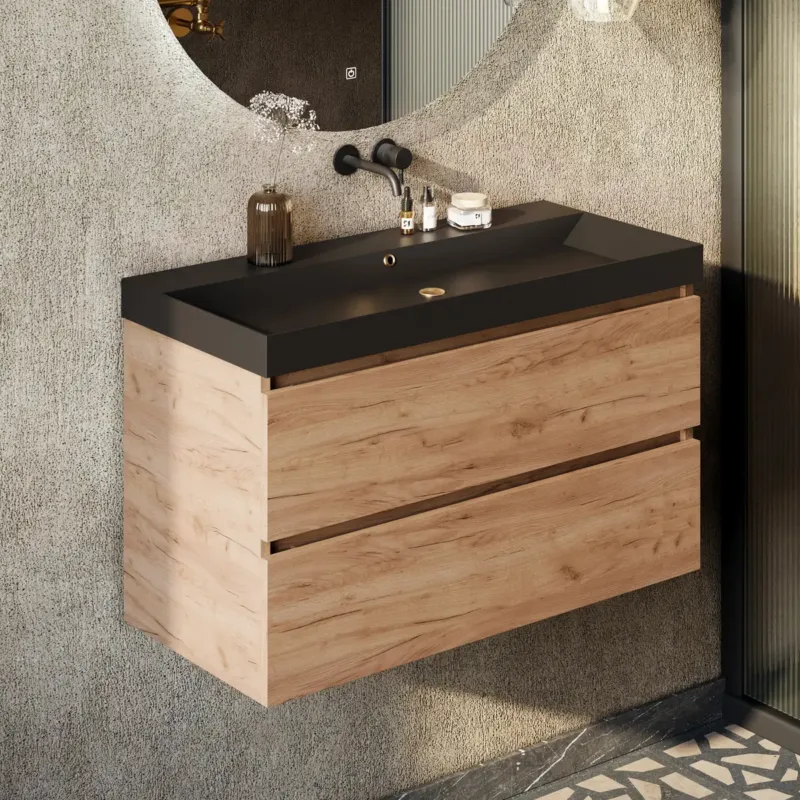 Fontana Kolo wastafelmeubel warm eiken 100cm zwarte wastafel 0 kraangaten Speciale Aanbieding