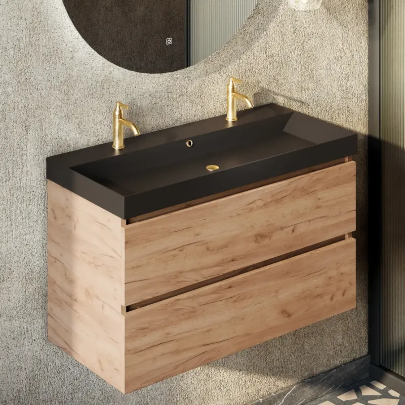 Fontana Kolo wastafelmeubel warm eiken 100cm zwarte wastafel 2 kraangaten Favoriet