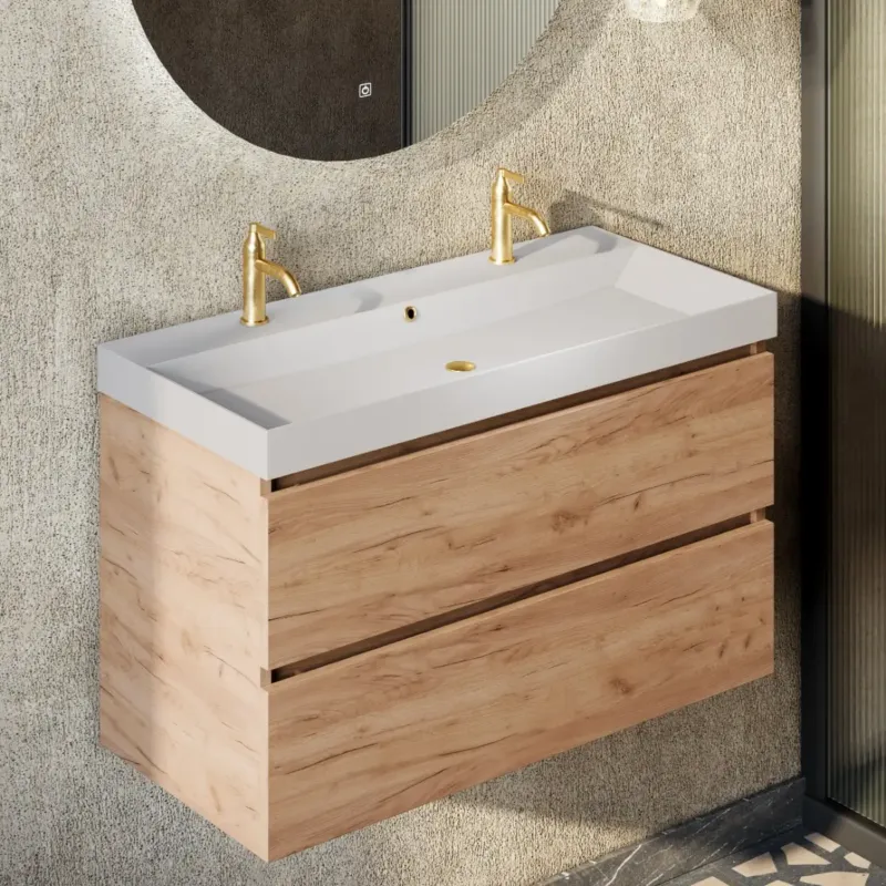 Uitverkoop Fontana Kolo wastafelmeubel warm eiken 100cm mat witte wastafel 2 kraangaten