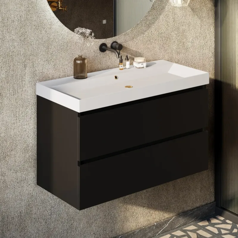 Fontana Kolo wastafelmeubel mat zwart 100cm glans witte wastafel 0 kraangaten Dagaanbieding