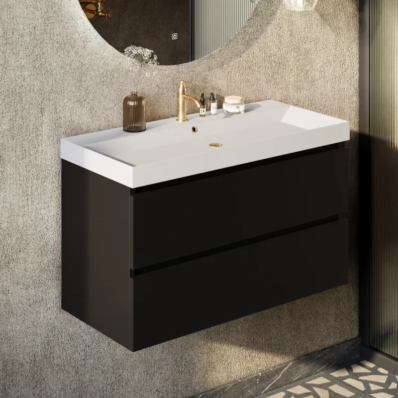 Exclusieve Aanbieding Fontana Kolo wastafelmeubel mat zwart 100cm glans witte wastafel 1 kraangat