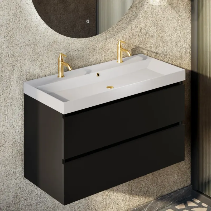 Actieprijs Fontana Kolo wastafelmeubel mat zwart 100cm glans witte wastafel 2 kraangaten