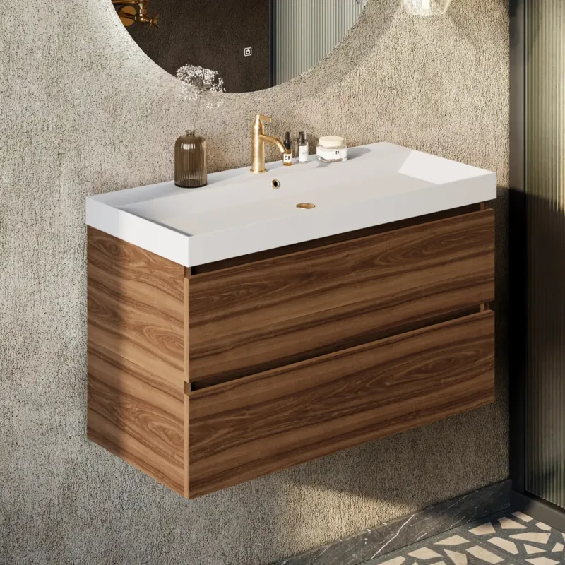 Fontana Kolo wastafelmeubel walnoot 100cm glans witte wastafel 1 kraangat Veilige Betaling