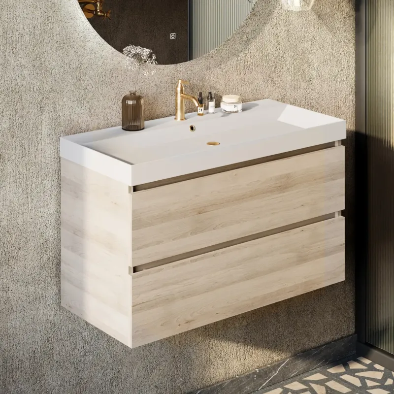 Fontana Kolo wastafelmeubel beach eiken 100cm glans witte wastafel 1 kraangat Must-Have