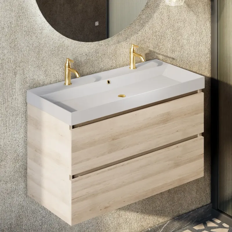 Fontana Kolo wastafelmeubel beach eiken 100cm glans witte wastafel 2 kraangaten Dagaanbieding
