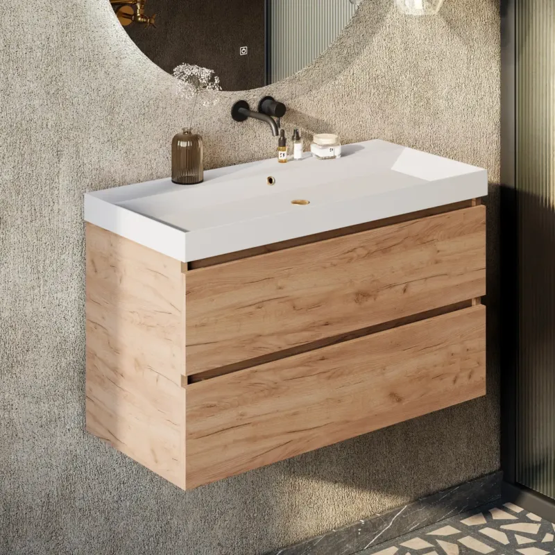 Gratis Retour Fontana Kolo wastafelmeubel warm eiken 100cm glans witte wastafel 0 kraangaten