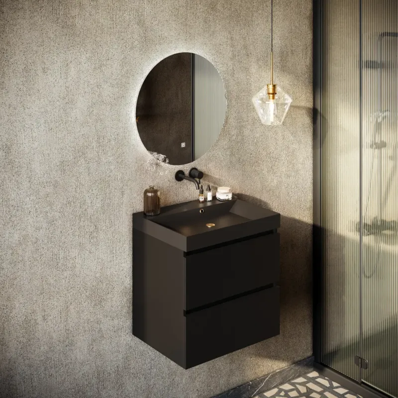 Speciale Aanbieding Fontana Kolo wastafelmeubel mat zwart 60cm zwarte wastafel 0 kraangaten met ronde spiegel