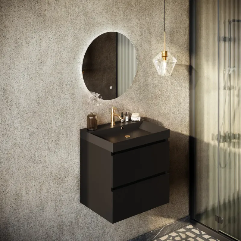 Fontana Kolo wastafelmeubel mat zwart 60cm zwarte wastafel 1 kraangat met ronde spiegel Lage Prijs
