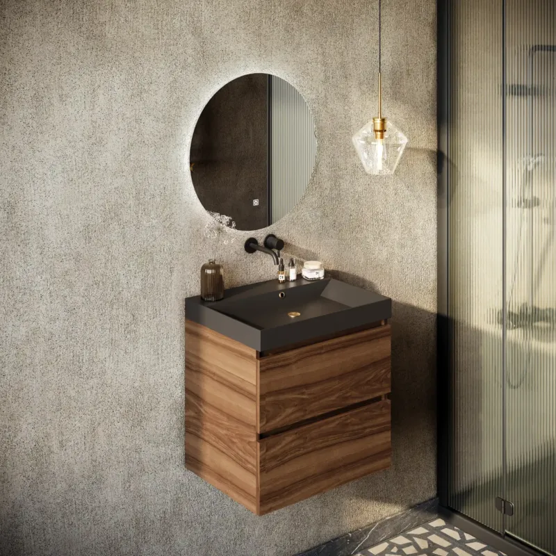 Nieuw Fontana Kolo wastafelmeubel walnoot 60cm zwarte wastafel 0 kraangaten met ronde spiegel