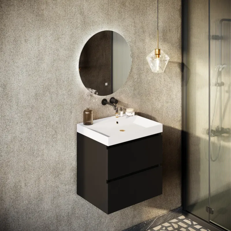 Koop Vandaag Fontana Kolo wastafelmeubel mat zwart 60cm glans witte wastafel 0 kraangaten met ronde spiegel