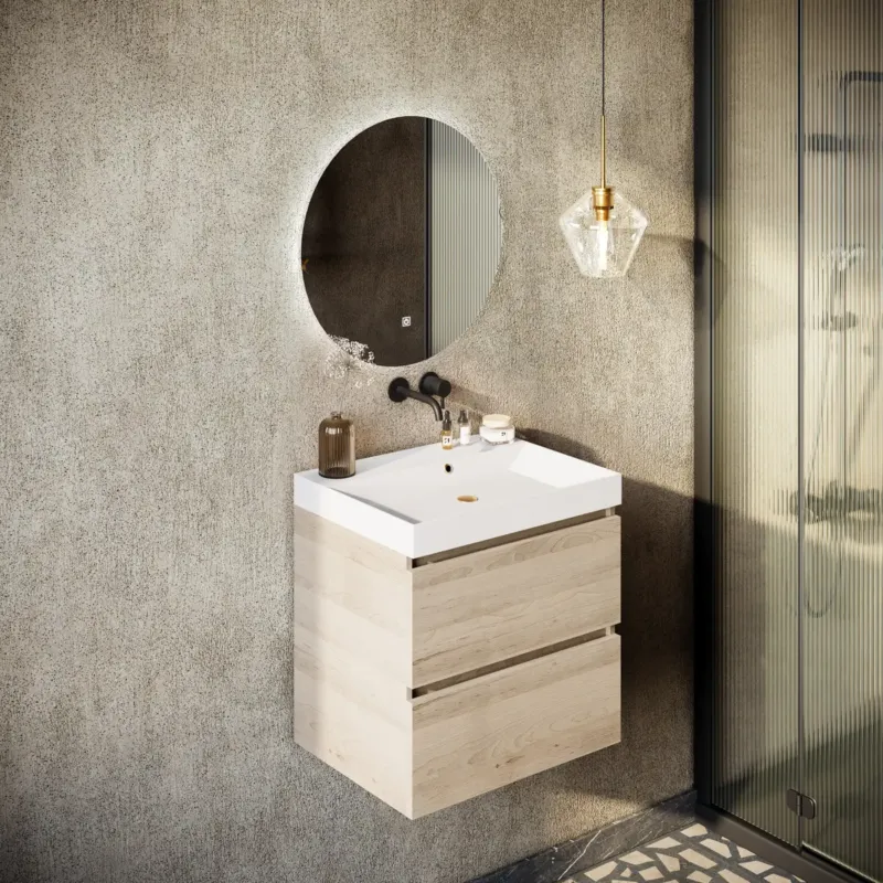 Laatste Kans Fontana Kolo wastafelmeubel beach eiken 60cm glans witte wastafel 0 kraangaten met ronde spiegel
