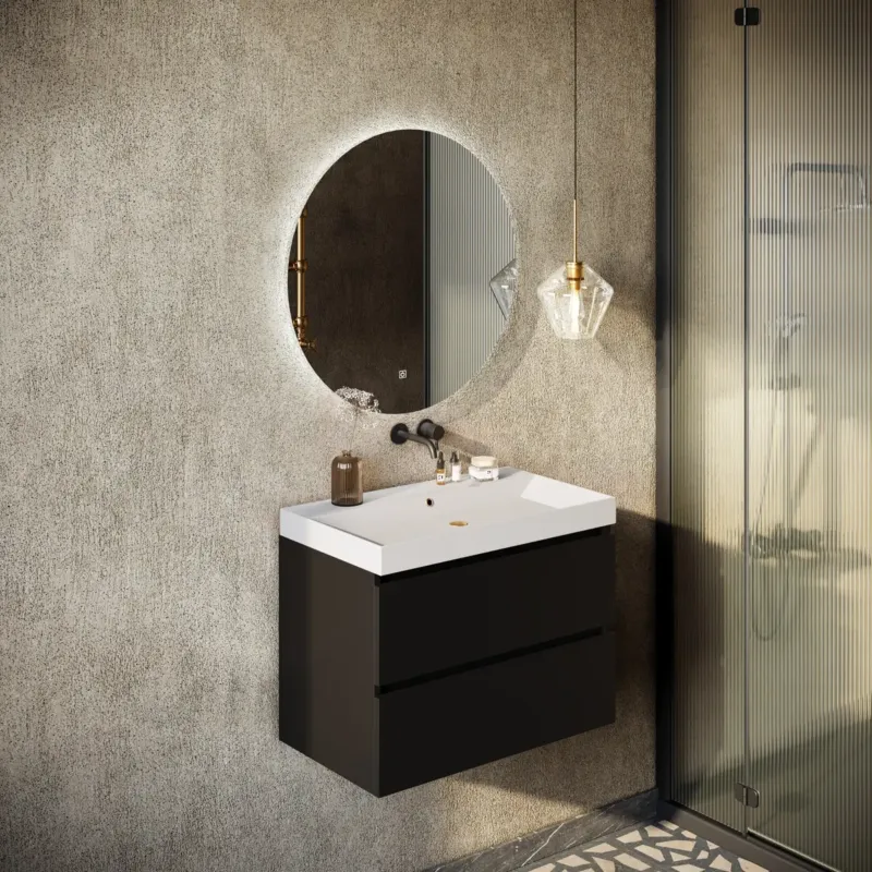 Fontana Kolo wastafelmeubel mat zwart 80cm mat witte wastafel 0 kraangaten met ronde spiegel Flitsaanbieding