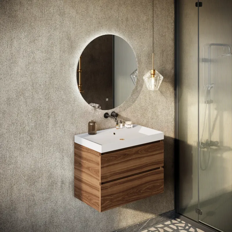 Speciale Aanbieding Fontana Kolo wastafelmeubel walnoot 80cm mat witte wastafel 0 kraangaten met ronde spiegel
