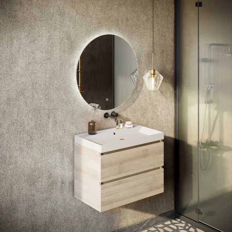 Exclusieve Aanbieding Fontana Kolo wastafelmeubel beach eiken 80cm mat witte wastafel 0 kraangaten met ronde spiegel