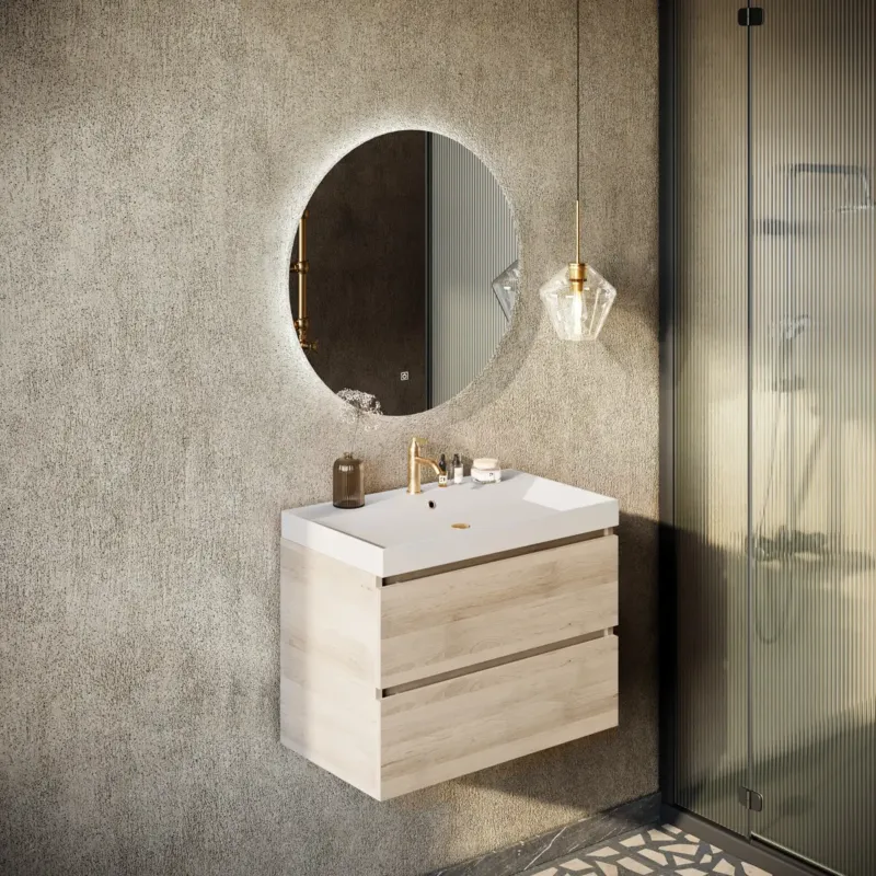 Koopje Fontana Kolo wastafelmeubel beach eiken 80cm glans witte wastafel 1 kraangat met ronde spiegel