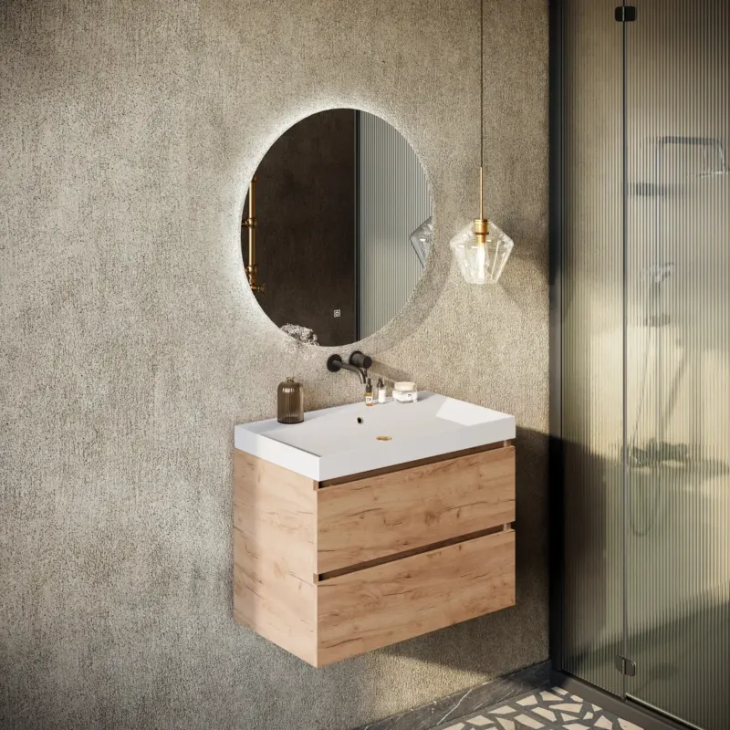 Lage Kosten Fontana Kolo wastafelmeubel warm eiken 80cm glans witte wastafel 0 kraangaten met ronde spiegel