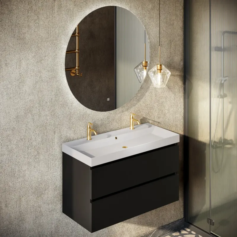 Voordeelprijs Fontana Kolo wastafelmeubel mat zwart 100cm mat witte wastafel 2 kraangaten met ronde spiegel
