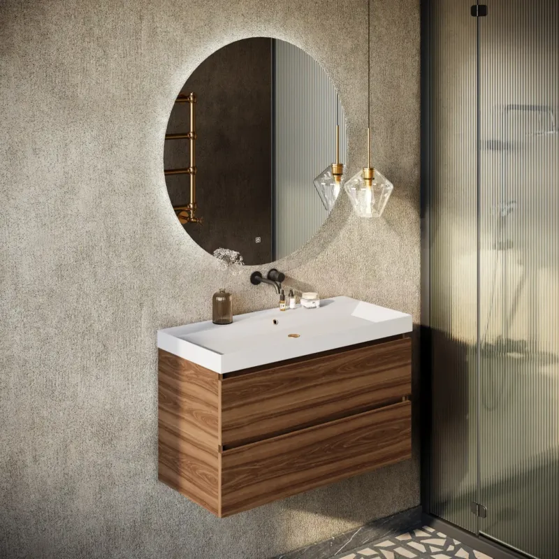 Lage Prijs Fontana Kolo wastafelmeubel walnoot 100cm glans witte wastafel 0 kraangaten met ronde spiegel