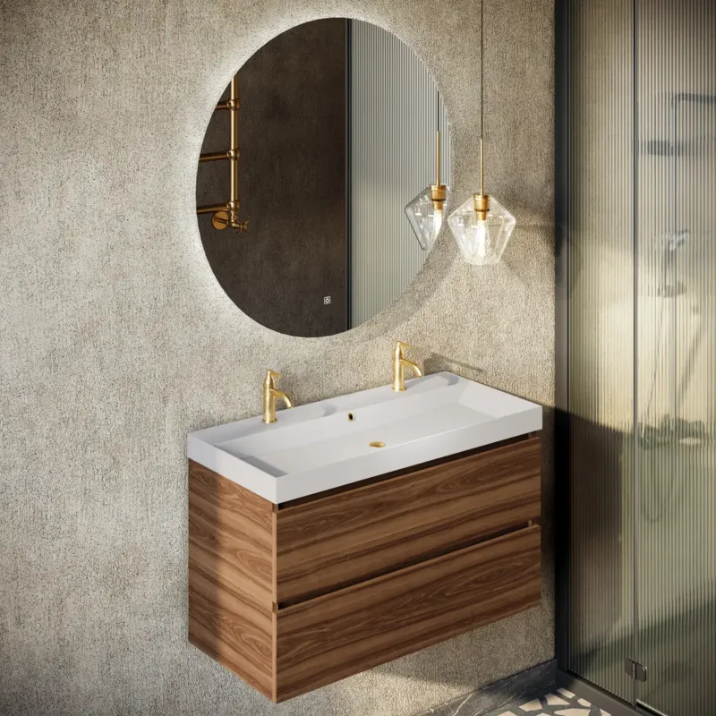 Veilige Betaling Fontana Kolo wastafelmeubel walnoot 100cm glans witte wastafel 2 kraangaten met ronde spiegel